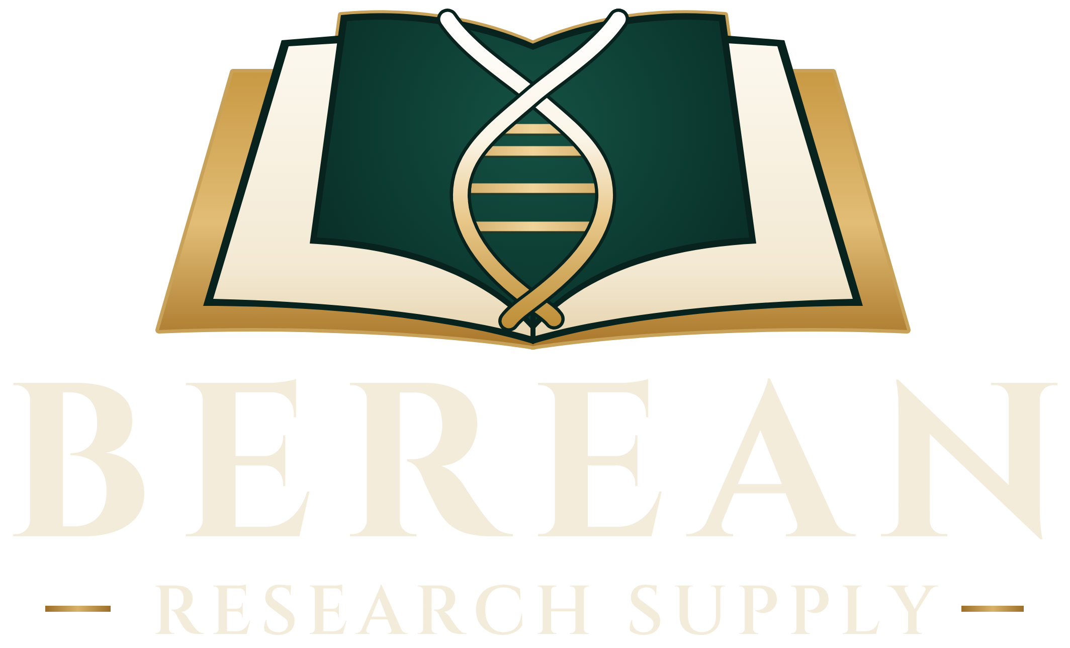 Berean Research Supply logo: an open book with a gold and white DNA helix in its spine
